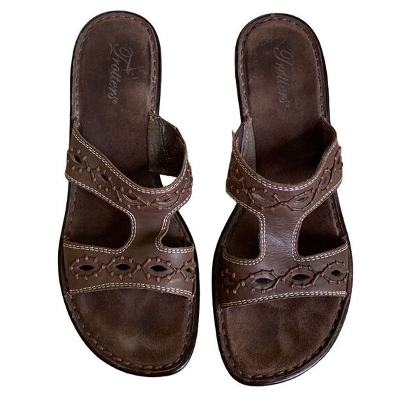 Trotters Women's 9.5 Brown Woven Slip on Slide Sandals Wedge Casual Leather‎ - Picture 2 of 10